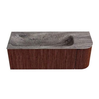 MONDIAZ KURVE-DLUX Meuble de salle de bains 125cm arrondi à droite couleur Ruby avec 1 tiroir et 1 porte. Vasque BIG MEDIUM gauche 1 trou de robinet Oza.