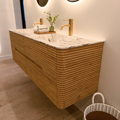 Mondiaz CIRO-DLUX Meuble de salle de bains - 150x45x50cm - plan vasque en solid surface Glace - 2 vasques Double - 2 trous de robinetterie - 4 tiroirs - Chêne