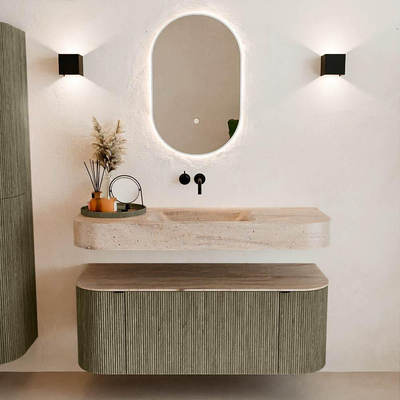 MONDIAZ THOR-DLUX 120cm badmeubel ronding links + rechts kleur Shadow met 1 lade en 2 deuren. Vrijhangende wastafel CLOUD Midden zonder kraangat kleur Saba.