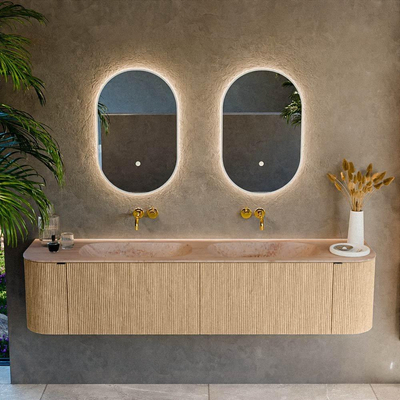 MONDIAZ KURVE-DLUX 190cm meuble de salle de bains arrondi Gauche + Droite couleur Chêne avec 2 tiroirs et 2 portes. Lavabo STOR SMALL Double sans trou de robinet Saba.