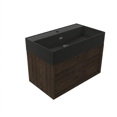 Saniclass Holz Frame Badkamermeubelset - 80x45x52cm - Legend keramische wastafel mat zwart - 1 wasbak - 1 kraangat - 1 lade - mat eiken charcoal (hout)