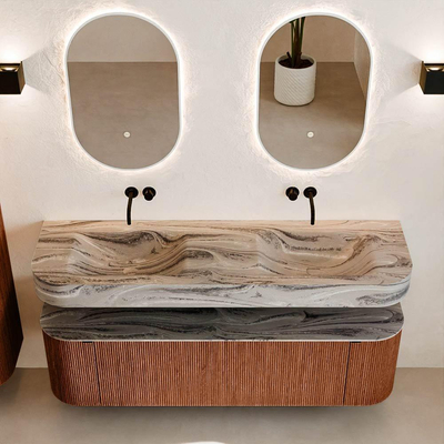 MONDIAZ THOR-DLUX 160cm meuble de salle de bains arrondi gauche + droite couleur Ruby avec 1 tiroir et 2 portes. Vasque suspendue CLOUD Double sans trou de robinet couleur Sombra.