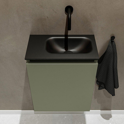 MONDIAZ TURE Fonteinset - 40x23x50cm - 0 kraangaten - 1 deur - army mat - Wasbak rechts - Solid Surface Zwart LICHT BESCHADIGD - OUTLET UDEN