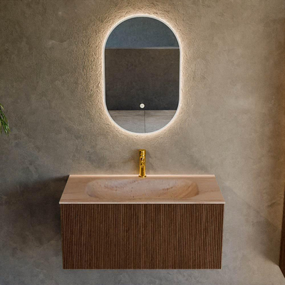 MONDIAZ KURVE-DLUX 90cm badmeubel kleur Walnut met 1 lade en 0 deuren. Wastafel BIG SMALL Midden 1 kraangat Saba.