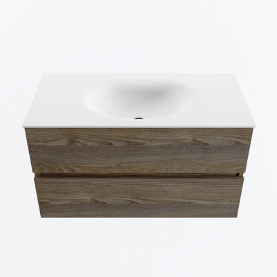 Mondiaz VICA Ensemble de meuble de salle de bain - 90cm - meuble sous-vasque marron foncé gris - 2 tiroirs - lavabo lune milieu - 1 trou de robinet - version haute 60cm - talc