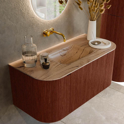 MONDIAZ KURVE-DLUX 100cm badmeubel ronding Links + Rechts kleur Ruby met 1 lade en 2 deuren. Wastafel GRUNNE Midden zonder kraangat Arena.