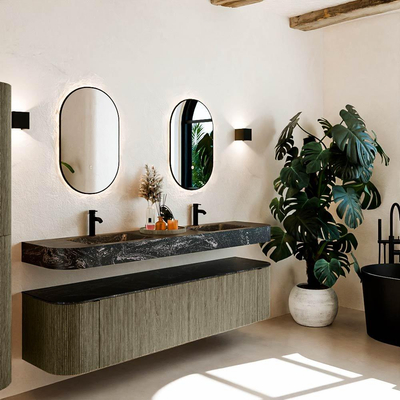 MONDIAZ THOR-DLUX 190cm meuble de salle de bains arrondi gauche + droite couleur Shadow avec 2 tiroirs et 2 portes. Vasque suspendue CLOUD Double 2 trous de robinet couleur Lava.