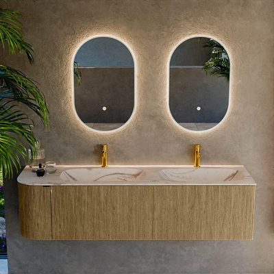 MONDIAZ KURVE-DLUX meuble de salle de bains 165cm arrondi à gauche couleur Dusk avec 2 tiroirs et 1 porte. Lavabo STOR SMALL double / droit 2 trous de robinet Nata.