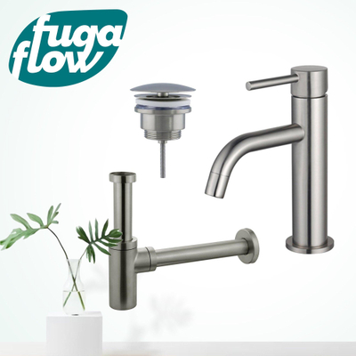FugaFlow Eccelente Sobrado Badkamer Slim Wastafelkraanset - lage wastafelkraan - always open plug - design sifon - PVD Geborsteld RVS