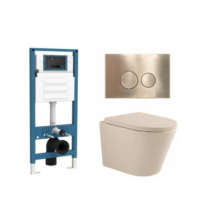 QeramiQ Dely Ensemble de toilette - réservoir encastré Qeramiq Flush - abattant 35mm - plaque de commande en métal laiton brossé - boutons ronds - beige