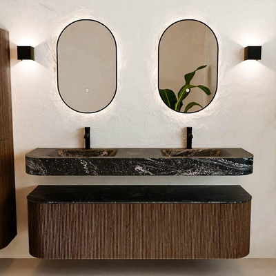 MONDIAZ THOR-DLUX 160cm meuble de salle de bains arrondi gauche + droite couleur Walnut avec 1 tiroir et 2 portes. Vasque suspendue CLOUD Double 2 trous de robinet couleur Lava.