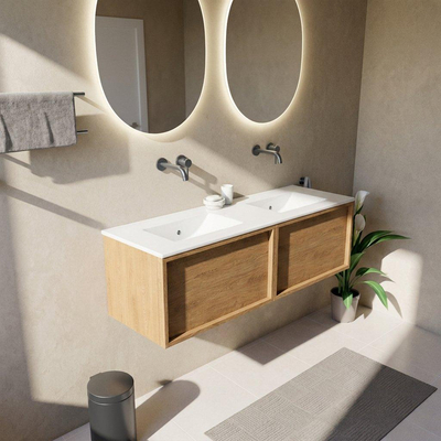Saniclass Holz Frame Ensemble meuble de salle de bains - 140x45x42cm - lavabo Vygo en céramique blanc - 2 cuves - sans trous de robinetterie - 2 tiroirs - chêne naturel brillant (bois)
