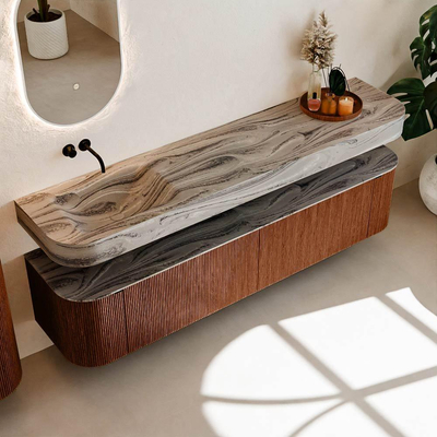 MONDIAZ THOR-DLUX 200cm meuble de salle de bains arrondi gauche + droite couleur Ruby avec 2 tiroirs et 2 portes. Vasque suspendue CLOUD Gauche sans trou de robinet couleur Sombra.