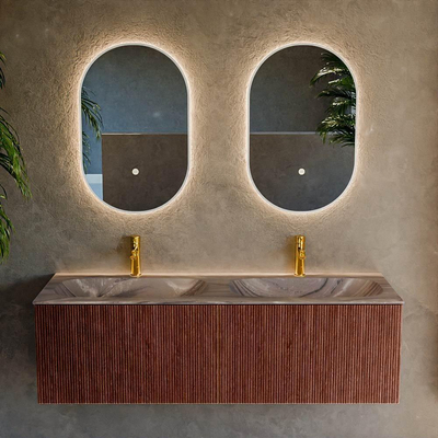 MONDIAZ KURVE-DLUX Meuble de salle de bains 140 cm couleur Ruby avec 2 tiroirs et 0 porte. Lavabo STOR SMALL Double 2 trous de robinet Sombra.