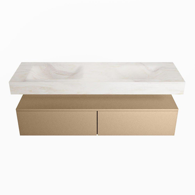 Mondiaz ALAN-DLUX Ensemble de meuble - 150cm - meuble - Oro mat - 2 tiroirs - Lavabo Cloud Ostra suspendu - vasque gauche et droite - 0 trous de robinet - Beige