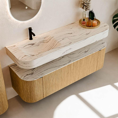 MONDIAZ THOR-DLUX 150cm meuble de salle de bains arrondi gauche + droite couleur Chêne avec 1 tiroir et 2 portes. Vasque suspendue CLOUD Gauche 1 trou de robinet couleur Nata.