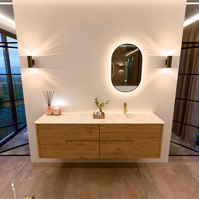 Mondiaz CIRO-DLUX Meuble de salle de bains - 170x45x50cm - Plan vasque solid surface Ostra - 1 lavabo à droite - 1 trou de robinetterie - 4 tiroirs - Chêne