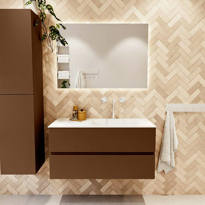 MONDIAZ VICA Ensemble Meuble de Salle de Bains - 100 cm - Meuble bas avec 2 tiroirs en finition Rust - Lavabo Cloud à droite - 1 trou pour robinet - Couleur Talc - Miroir LED - Version XL de 60 cm de hauteur