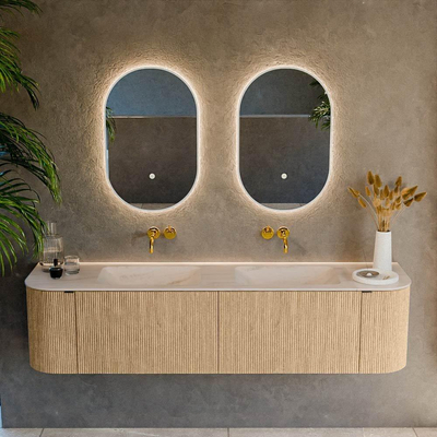 MONDIAZ KURVE-DLUX 180cm meuble de salle de bains arrondi Gauche + Droite couleur Chêne avec 2 tiroirs et 2 portes. Vasque LEAF Double sans trou de robinet Meli.