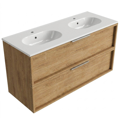 Saniclass Holz Frame Ensemble de meubles de salle de bains - 120x45x74cm - Chaci lavabo en céramique blanc - 2 vasques - sans trous de robinetterie - 2 tiroirs - chêne natural mat (bois)