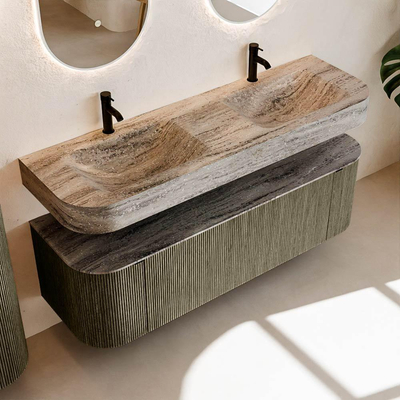 MONDIAZ THOR-DLUX 150cm meuble de salle de bains arrondi gauche + droite couleur Shadow avec 1 tiroir et 2 portes. Vasque suspendue CLOUD Double 2 trous de robinet couleur Oza.