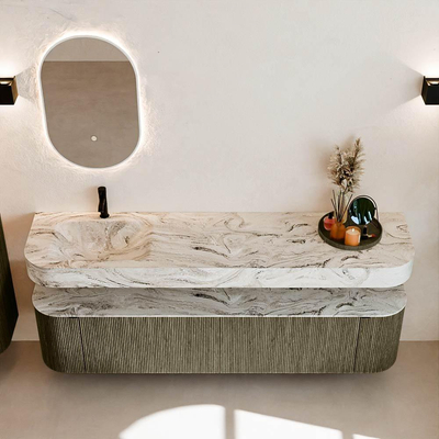 MONDIAZ THOR-DLUX 190cm meuble de salle de bains arrondi gauche + droite couleur Shadow avec 2 tiroirs et 2 portes. Vasque suspendue CLOUD Gauche 1 trou de robinet couleur Glace.