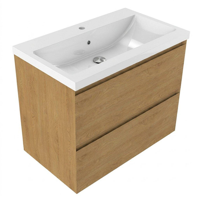Saniclass Holz Pure Ensemble meuble de salle de bains - 80x45x63.5cm - Bari lavabo en céramique blanc - 1 vasque - 1 trou de robinet - 2 tiroirs - chêne natural mat (bois)