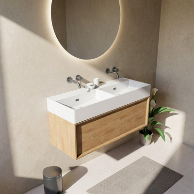 Saniclass Holz Frame Ensemble de meubles de salle de bains - 120x45x52cm - Legend lavabo en céramique blanc - 2 vasques - sans trous de robinetterie - 1 tiroir - chêne natural mat (bois)