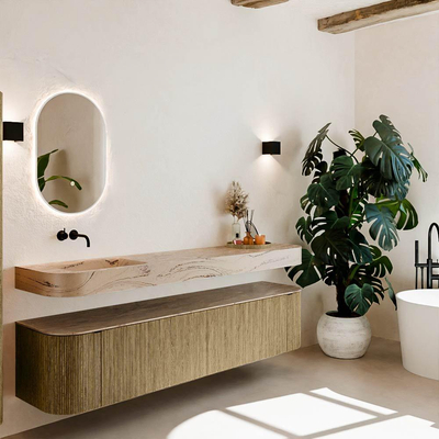 MONDIAZ THOR-DLUX 200cm meuble de salle de bains arrondi gauche + droite couleur Dusk avec 2 tiroirs et 2 portes. Vasque suspendue CLOUD gauche sans trou de robinet couleur Arena.