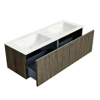 Mondiaz KURVE-DLUX Badkamermeubelset - 130x46x40cm - 2 lade - wastafel solid surface - dubbel - 2 kraangaten - Shadow