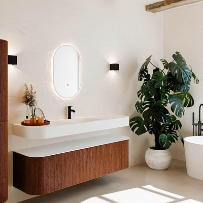 MONDIAZ THOR 160cm meuble de salle de bains arrondi gauche + droite couleur Ruby avec 1 tiroir et 2 portes. Vasque suspendue CLOUD Milieu 1 trou de robinet couleur Talc.