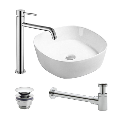 FugaFlow Eccelente Arredo vasque à poser 44x44x13.5cm avec robinet et vidange bas Carré porcelaine Chrome