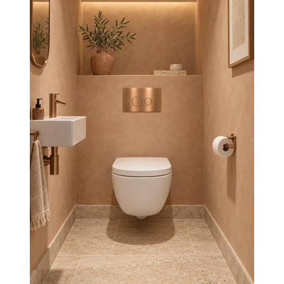 Ensemble WC QeramiQ Dely Swirl Compact - réservoir encastré QeramiQ flush - abattant 25 mm - plaque de commande métallique cuivre - boutons ronds - blanc brillant