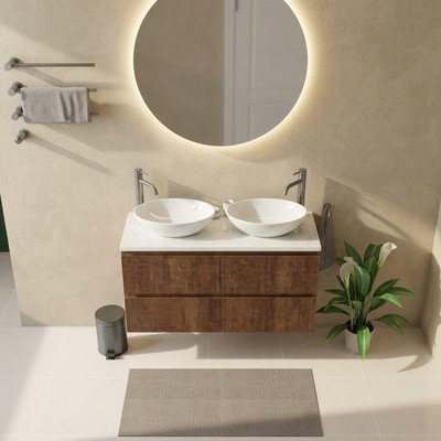 Saniclass Holz Atelier Ensemble meuble de salle de bains - 120x45x63cm - Plan vasque en marbre Dia poli (blanc) - 2 trous de robinetterie - 2 tiroirs - walnut pure mat (bois)