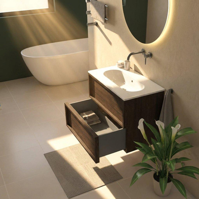 Saniclass Holz Frame Ensemble de meubles de salle de bains - 80x45x73.9cm - lavabo Chaci en céramique blanc - 1 vasque - sans trou de robinet - 2 tiroirs - chêne charcoal mat (bois)