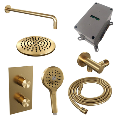 Brauer Gold Edition Colonne de douche thermostatique inverseur 2 voies avec partie encastrable douche de tête 20cm bras mural courbé et douchette ronde laiton Or brossé