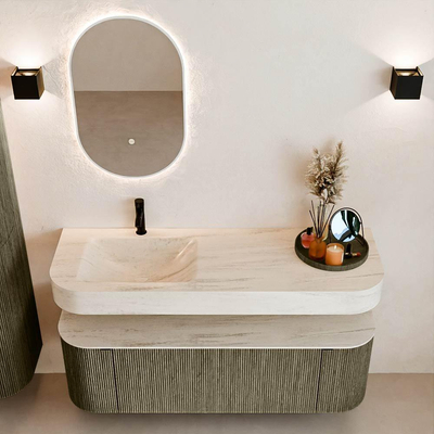 MONDIAZ THOR-DLUX 140cm meuble de salle de bains arrondi gauche + droite couleur Shadow avec 1 tiroir et 2 portes. Vasque suspendue CLOUD Gauche 1 trou de robinet couleur Meli.