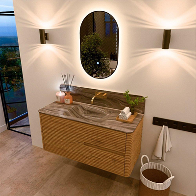 Mondiaz CIRO-DLUX Badkamermeubelset - 110x45x50cm - Solid surface wastafel Sombra - 1 wasbak Midden - zonder kraangaten - 2 lades - Oak