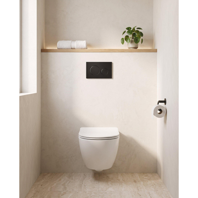 QeramiQ Dely Swirl Compact Toiletset - inbouwreservoir Geberit UP320 - met Burda frame - slim zitting - kunststof bedieningsplaat mat zwart - ronde knoppen - glans wit