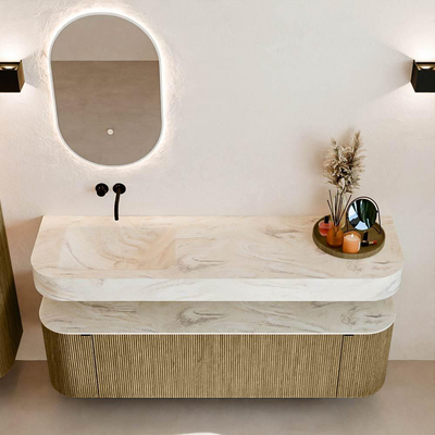 MONDIAZ THOR-DLUX 160cm meuble de salle de bains arrondi gauche + droite couleur Dusk avec 1 tiroir et 2 portes. Vasque suspendue CLOUD Gauche sans trou de robinet couleur Ostra.