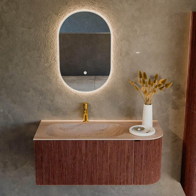 MONDIAZ KURVE-DLUX Meuble de salle de bains 105cm arrondi Droite couleur Ruby avec 1 tiroir et 1 porte. Lavabo BIG SMALL Gauche 1 trou de robinet Saba.