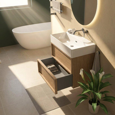 Saniclass Holz Frame Ensemble meuble de salle de bains - 80x45x72cm - Legend vasque en céramique blanche - 1 lavabo - sans trou de robinet - 2 tiroirs - chêne naturel mat (bois)