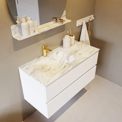 Mondiaz VICA-DLUX Ensemble de meuble de salle de bain - 100cm - meuble sous-vasque talc - 2 tiroirs - lavabo encastré cloud gauche - 1 trou de robinet - version haute de 60cm - glace