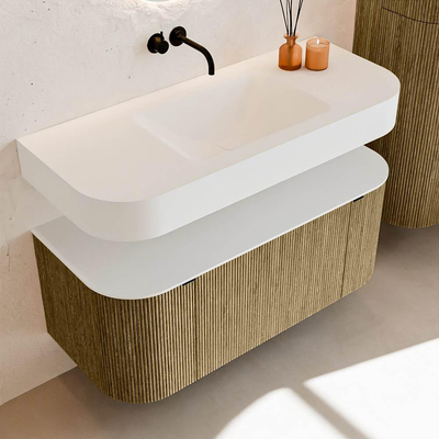 MONDIAZ THOR Meuble de salle de bains 110cm arrondi gauche + droite couleur Dusk avec 1 tiroir et 2 portes. Vasque suspendue CLOUD Milieu sans trou de robinet couleur Talc.