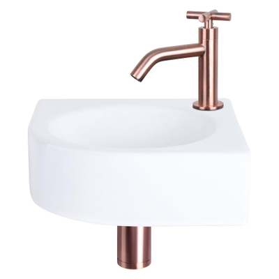 Differnz Cleo hoekfonteinset – 30x30x10 cm – keramiek wit – gebogen koperen kraan met kruisgreep