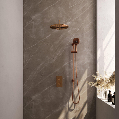 Ensemble de douche pluie encastré Brauer Copper Carving - douche principale 30 cm - bouton Carving - douchette ronde 3 positions - glissière - PVD - cuivre brossé