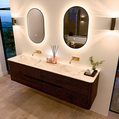 Mondiaz CIRO-DLUX Meuble de salle de bains - 190x45x50cm - Plan vasque solid surface Frappe - 2 vasques Double - sans trous de robinet - 4 tiroirs - Noyer