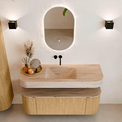 MONDIAZ THOR-DLUX 130cm badmeubel ronding links + rechts kleur Oak met 1 lade en 2 deuren. Vrijhangende wastafel CLOUD Midden zonder kraangat kleur Saba.