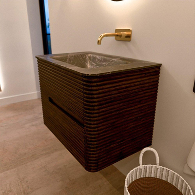 Mondiaz CIRO-DLUX Ensemble meuble de salle de bains - 70x45x50cm - Lavabo solid surface Lava - 1 vasque au milieu - sans trous de robinet - 2 tiroirs - Noyer