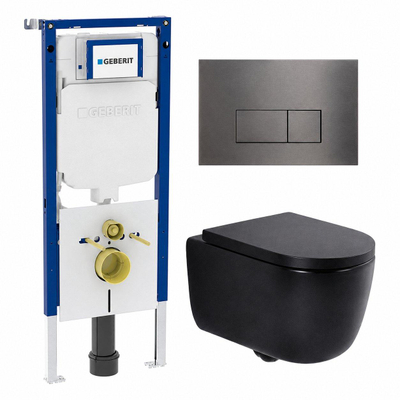 QeramiQ Dely Swirl Toiletset - 36.3x51.7cm - Geberit UP720 Duofix Sigma inbouwreservoir - 35mm zitting - bedieningsplaat gunmetal - rechthoekige knoppen - mat zwart